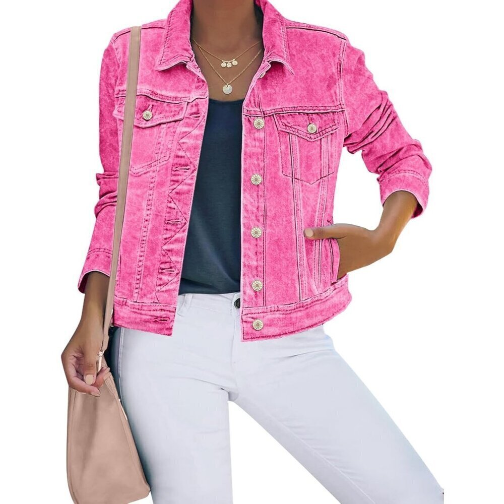 Women's Basic Button Down Stretch Fitted Long Sleeves Denim Jean Jacket Pink